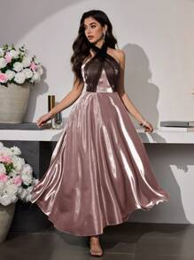 Modelyn Damen langes A-Linien Kleid mit metallischer Schärpe Taillenbindung, elegant