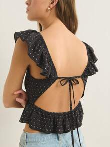 Nöista 方领荷叶边褶裥上衣，点状纹理，轻盈透气面料；完美打造海滩和休闲骄傲庆典造型，百搭机场夏季背心。 - 黑色 - 查看 3