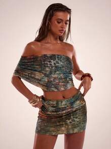 SHEIN BAE Summer Outing Vacation Mesh Printed Fabric Asymmetric Women's Top And Bottom Suit Outing Dating, Beach Party, Beach Vacation Wear - Olive Green - View 7