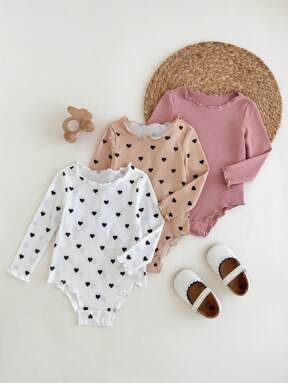 SHEIN 3pcs/Set Newborn Baby Girls' Cute Knitted Elastic Polka Dot Long Sleeve Romper Outfit