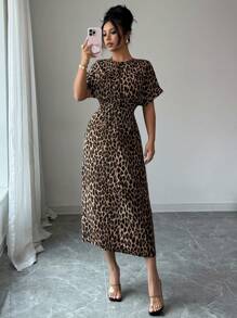 Elenzga Women's Round Neck Raglan Sleeve Waist Tie Cinched Waist Elegant Design Back To School Teacher's Day Thanksgiving Outfit Halloween Street Style Maxi Leopard Print Dress - Khaki - View 4