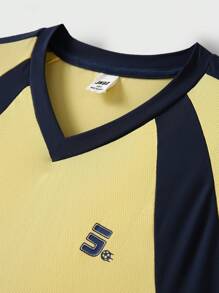 Back To School Tween Boy Outdoor Sports T-Shirt And Shorts Set, Children V-Neck Contrast Color Professional Outdoor Sports Jersey T-Shirt And Shorts Set - Multicolor - View 5