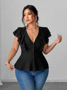 SHEIN Unity 加大码无袖荷叶边领性感优雅办公室女士甜美衬衫 - 黑色 - 查看 4