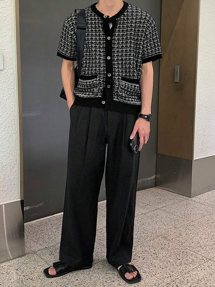 Black Business Casual Men's Suit Pants, Four-Season Crinkle Design Business Attire