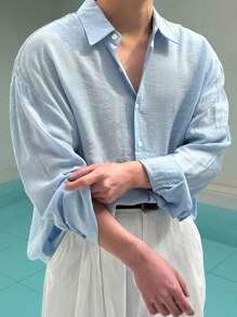 DAZY Camisa de lino con textura de color azul sólido para hombre, primavera/verano - Azul - Ver 3