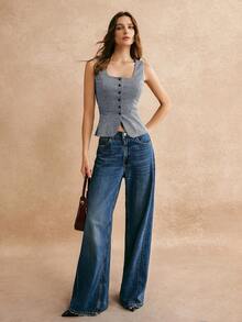 Poéselle 女士复古法式休闲经典方领百搭时尚衬衫 - 藏蓝色 - 查看 4