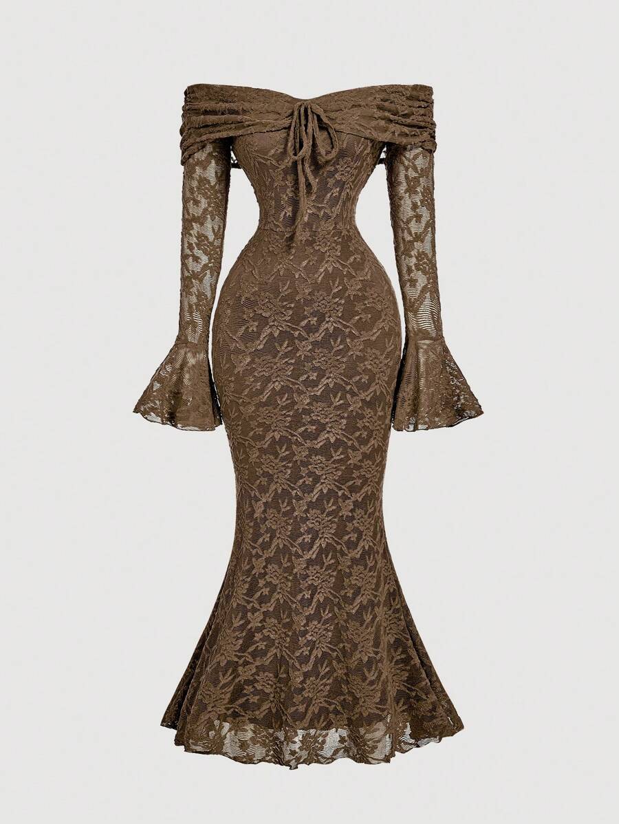 SHEIN MOD 女士露肩长袖前系带修身连衣裙，新年女士连衣裙，新年派对连衣裙，情人节 - 棕色 - 查看 1