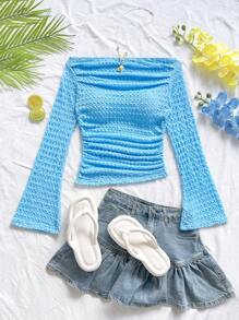 Soleia 浅蓝色纹理针织面料单肩褶皱喇叭袖修身休闲度假上衣，适合女士，波西米亚风，度假，钩针编织，亚麻，纹理 - 淺藍色 - 查看 5