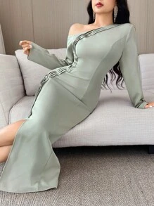 Modelyn 女式纯色不对称领口修身优雅长袖连衣裙 - 薄荷綠 - 查看 2