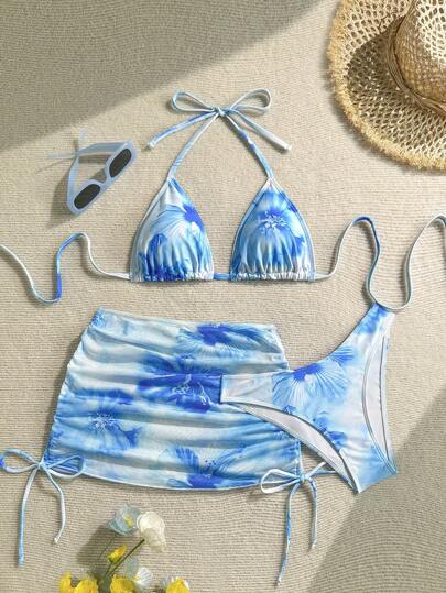 Soleia بكيني مزخرف بالزهور مع غطاء من الساروج، بكيني شاطئي مزخرف بالزهور للنساء، ملابس شاطئية صيفية