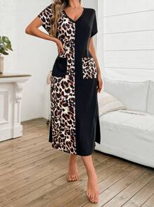 SHEIN Leopard Dress Women's Casual Leopard Patchwork V-Neck Slit Long T-Shirt Dress, Home Sleepwear - Multicolor - View 6