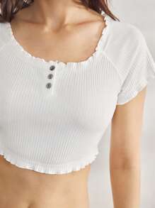 Ocili Áo ngủ nữ cổ chữ U đơn giản, mềm mại, thoải mái, chất liệu 100% cotton, viền bèo nhún, nút vỏ, đồ mặc ở nhà - trắng - Xem 5