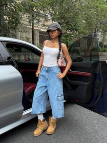 SHEIN ICON 女式宽松工装口袋阔腿休闲七分牛仔裤 - 藍色 - 查看 3