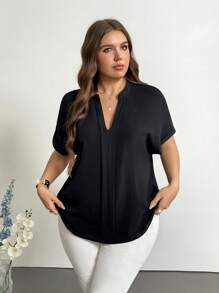 Firerie Plus Notched Neckline Batwing Sleeve Blouse - Black - View 1