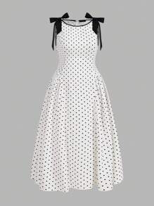 SHEIN Sweetro 大码女式优雅波尔卡圆点蝴蝶结中长连衣裙 - 黑與白 - 查看 1
