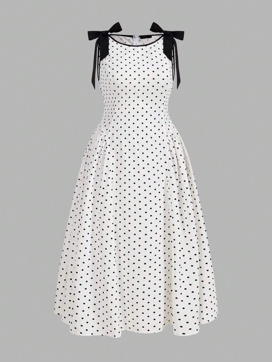 SHEIN Sweetro 大码女式优雅波尔卡圆点蝴蝶结中长连衣裙 - 黑與白 - 查看 1