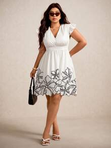 Elaquor Plus Size Women Summer Floral Print V-Neck Ruffle Hem Dress - Apricot - View 6