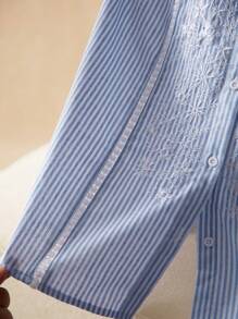 Elaquor Áo sơ mi tay lỡ in họa tiết sọc lãng mạn thời trang cỡ lớn cho nữ - Màu xanh lam - Xem 6