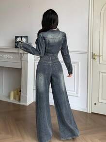 DAZY 2 Stücke Damen Retro Gewaschen Denim Jacke & Weite Hose Set, Lässiger Loose Streetwear Outfit, Herbst/Frühling, Damen Kleidung