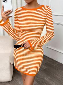 INAWLY Vestido casual mini de manga larga y cuello redondo a rayas de mujer ajustado - Naranja - Ver 6