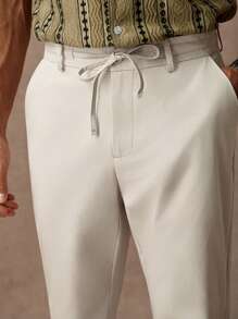 Manfinity Homme Men's Casual Solid Color Drawstring Pocket Pants,White Linen Beige Slacks For Summer,Autumn Off-White Vacation Holiday,Daily Commuting British Style - Apricot - View 3