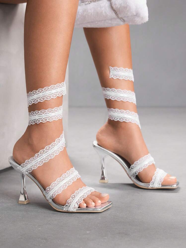 CUCCOO SZL Women's Elegant Silver Lace Strap Simple Square Toe Stiletto Heel Mid Heel Pumps, Comfortable Slip-On Office Work Casual Dress Sandals For Party, Wedding, Formal Occasions