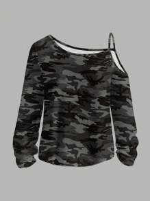 SHEIN LUNE Plus Size Casual Minimalist Camouflage Całościowy nadruk T-shirt z odkrytymi ramionami, Wiosna Jesień - Wielokolorowe - Zobacz 1