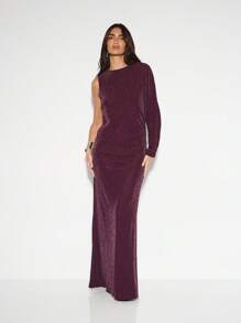 KIZN Asymmetric One Sleeve Sparkle Maxi Dress Holiday Party Evening Gown Wedding Guest Floor Length Glitter Formal Dress Backless - Burgundy - View 4