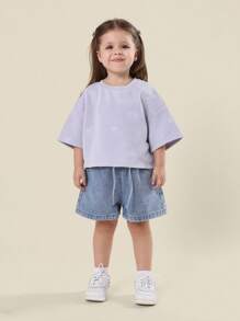 SUMWON Delicate Bow Embroidered Crop T-Shirt Girls Oversized Casual Short Sleeve Summer Spring Weekend Holiday Playtime Tee