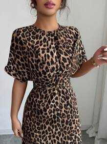 Elenzga Women's Round Neck Raglan Sleeve Waist Tie Cinched Waist Elegant Design Back To School Teacher's Day Thanksgiving Outfit Halloween Street Style Maxi Leopard Print Dress - Khaki - View 3