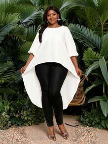 SHEIN Lady 春夏优雅通勤办公室休闲波西米亚风白色编织圆领加大码 T 恤，度假海滩外出上衣海滩