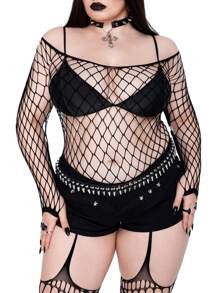 Whyspr 大码女式方领长袖透视激光切割性感衬衫