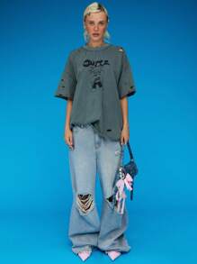 COUREZ Camiseta Oversized Desgastada / Tops Sumner Verão para Mulheres Y2K Tops de Verão Fofos Vintage 100% Algodão - Chumbo - Visão 2