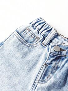 SHEIN Playful Pals 女童休闲时尚斜门襟和开衩下摆设计洗水牛仔直筒裤 - 淺色水洗藍 - 查看 5