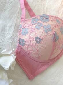 DelicateAllure Floral Lace Trim Underwire 3/4 Cup Bra, Padded Lift And Support, Romantic French Style For Women