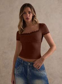 Glamine Damen modisches weißes gestricktes Kurzarm T-Shirt, Quadratausschnitt mit Spitzenbesatz, Lässig Sommer