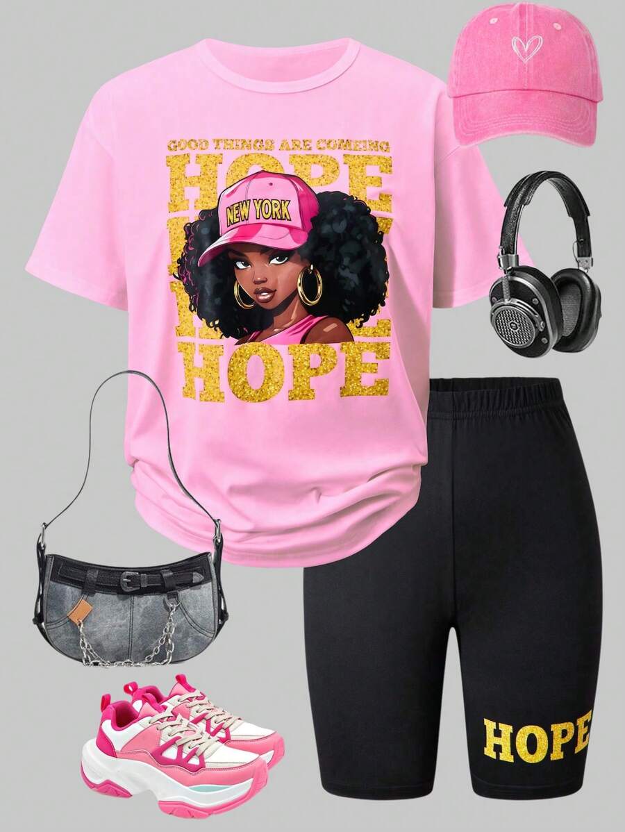 2pcs/Set Teen Girls Fashion Street Style Graphic Print Short Sleeve T-Shirt And Tight Shorts, Comfortable Casual Outfit, School, Campus, College - Pink - View 1