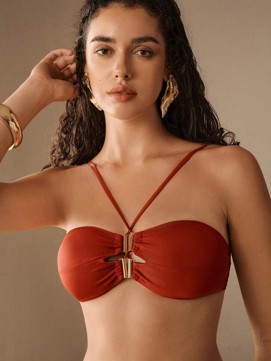 Elaire Top de traje de baño de unicolor para vacaciones en la playa para mujer - Marrón Mocha - Ver 1