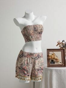 SHEIN Unity 2pcs/Set Women Bandeau Top And Tassel Hem Shorts Set - Khaki - View 5