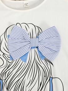 SHEIN 少女两件套服装：白色针织修身休闲肖像印花蝴蝶结宽松短袖 T 恤和阔腿裤，适合春夏季、郊游、派对、节日、学院风、返校 - 藍白色 - 查看 3