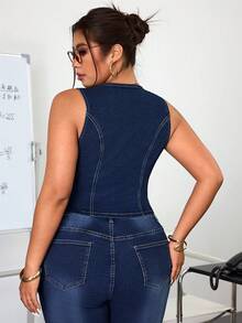 SHEIN ICON 时尚休闲刺绣水洗弹力无袖外套 - 深色水洗藍 - 查看 2