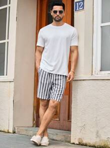 Manfinity VCAY Men Cotton Letter Patched Striped Drawstring Waist Shorts