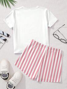 SHEIN Leap Crew 可爱复古樱桃条纹印花，蝴蝶结樱桃女孩，海滩度假装，少女休闲简约短袖短裤套装，适合夏季 - 彩色 - 查看 3