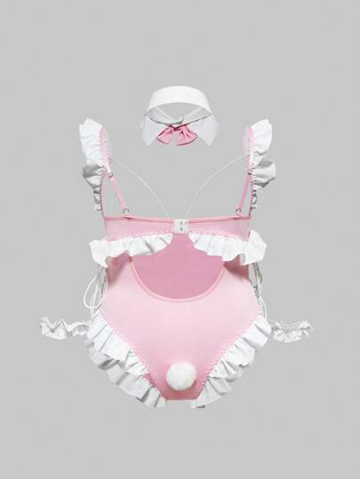 Kawaii Sexy Maid Outfit Hollow Out Ruffle Hem Bowknot Plus Size Bodysuit For Women
