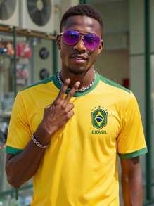 Manfinity Dauomo Men's Round Neck Short Sleeve 'Brasil 7' Numeric & Letter Print Casual Loose Fit T-Shirt