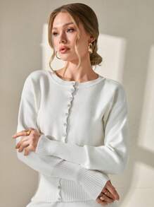 CLARA VERO Structured Corsman Yarn Knit Cardigan With Ruffled Button-Up Front And Ribbed Waist In Winter White White Button Down Sweater,Cardigans For Women,Long Cardigans Woman,Petite Cardigans,Cardigans - White - View 3