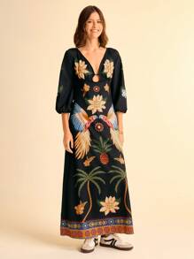 CAJUNI Women's Boho Style Black Background Parrot, Pineapple, Coconut Tree And Tropical Floral Print V-Neck Long Sleeve Hollow Drop & Criss-Cross Back Vacation Maxi Dress