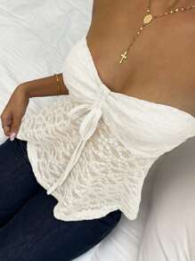 CovetEZ Women Sleeveless Cropped Camisole Top With Textured Fabric & Drawstring Detail - Apricot - View 7