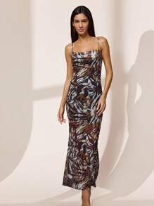 Almamuse Zebra Print Plunging Neck Mesh Insert Floral Cami Dress, Casual For Women - Multicolor - View 6