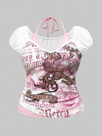 Grunge Punk Femme grande taille Vintage Romantique Rose Fleur, Vigne, Cœur, Décoration Strass Contraste Couleur ras-du-cou à Nœud Papillon T-Shirt